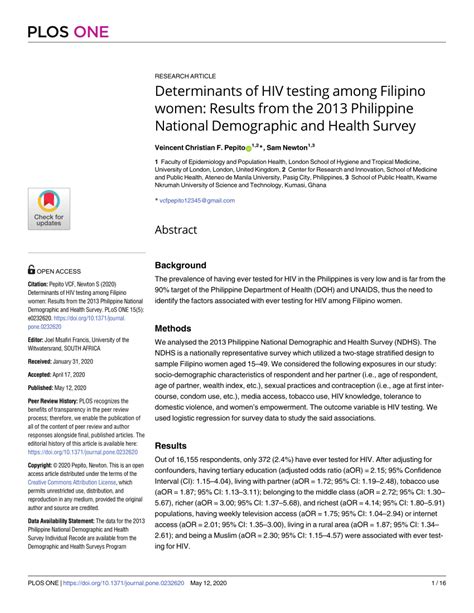 Pdf Determinants Of Hiv Testing Among Filipino Women Results From The 2013 Philippine