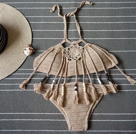 2021 New Summer Bohemian Womens Halter Weave Crochet Swimsuit Tankinis Bikini Set Tassels