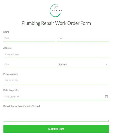 Free Plumbing Repair Work Order Form Template