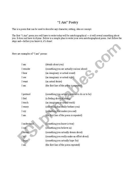 I Am Poem Worksheet I Am Poem Worksheets Worksheet Template