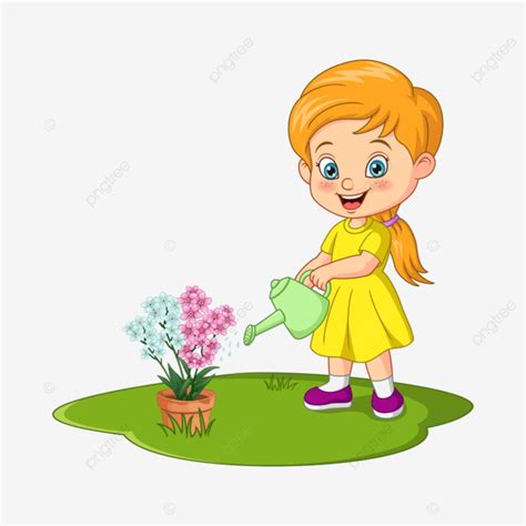 Linda Niña Regando Flores PNG Crecer Actividad Hermoso PNG y Vector