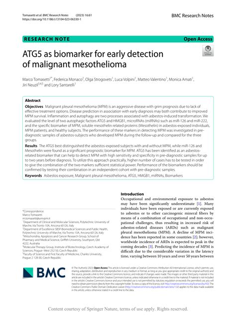 Pdf Atg5 As Biomarker For Early Detection Of Malignant Mesothelioma