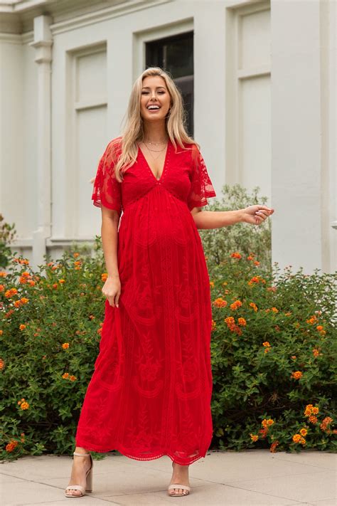 Pinkblush Red Lace Mesh Overlay Maternity Maxi Dress