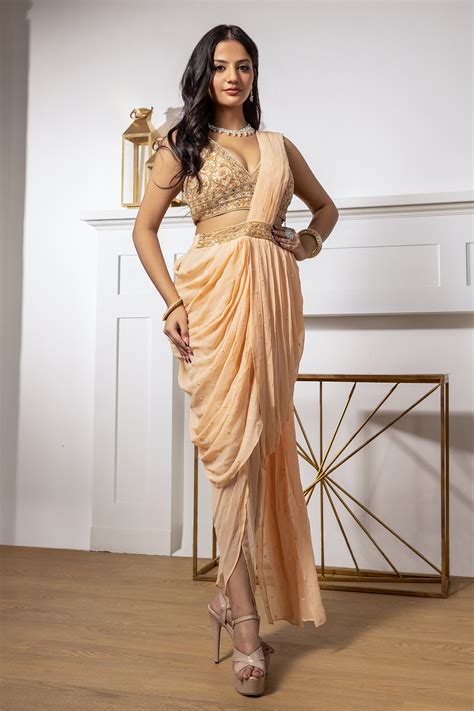 Buy Peach Net Hand Embroidered Cut Dana Sequin Dhoti Saree With Blouse