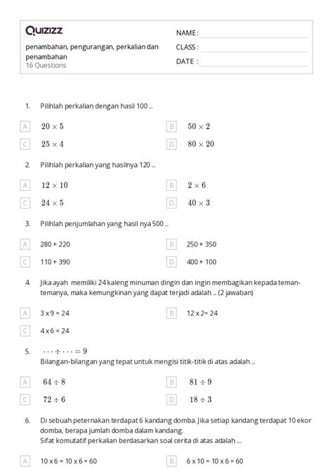 50 Lembar Kerja Penambahan Dan Penambahan Yang Hilang Untuk Kelas 3 Di Quizizz Gratis And Dapat