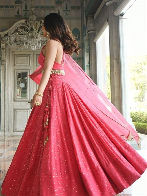 Fabpixel Pink Gold Toned Embroidered Sequinned Semi Stitched Lehenga