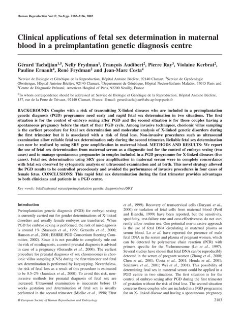 Pdf Clinical Applications Of Fetal Sex Determination In Maternal