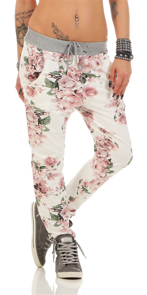 Jogginghose Damen Sport Freizeit Hose Jogger Blume Sommer Wellness Yoga