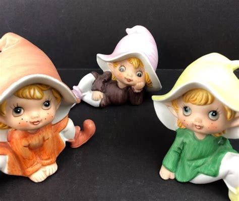 Vintage Homco Pixie Elves Fairies Porcelain Figurines 5213 Set Of 3