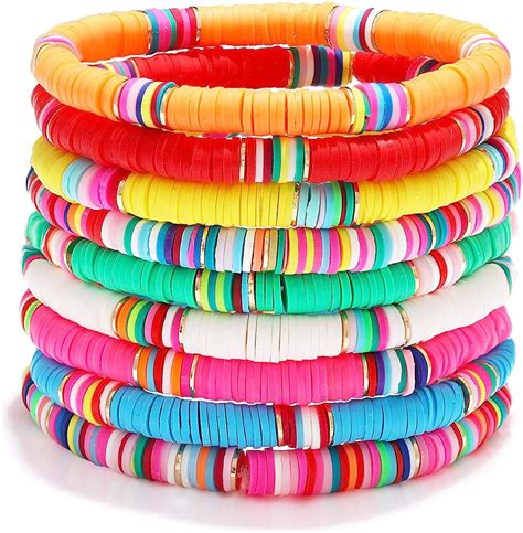 Boho Rainbow Vinyl Disc Clay Beaded Elastic Layering Friendship Surfer