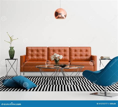 Contemporary Living Room with Orange Leather Sofa Stock Illustration ...