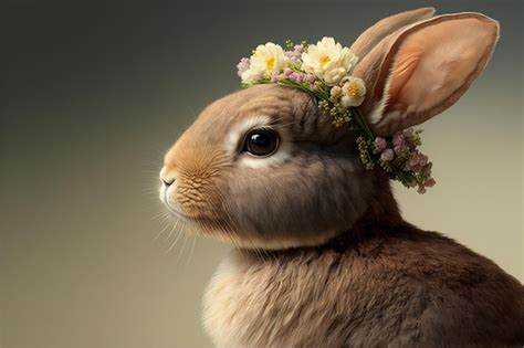 Premium AI Image Cute Bunny With Flower Crown Close Up View Generative AI