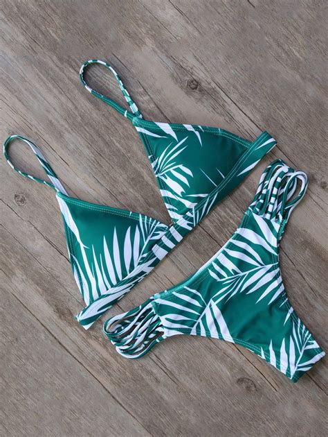 62 OFF Leaf Print Strappy Bikini Set Rosegal