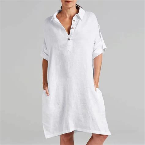 Women Summer White Dress Casual Short Sleeve Dresses V Neck Linen Party