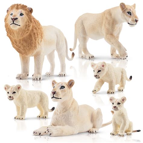 Toymany 6-Piece White Lion Figurine Set with Realistic Baby Lions
