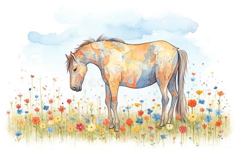Horse With A Shiny Coat Grazing In A Field Of Wildflowers Stock Photo
