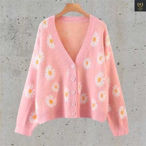 Daisy Flower Cardigan Knitted Cardigan Floral Pattern Cardigan Harajuku V Neck Cardigan