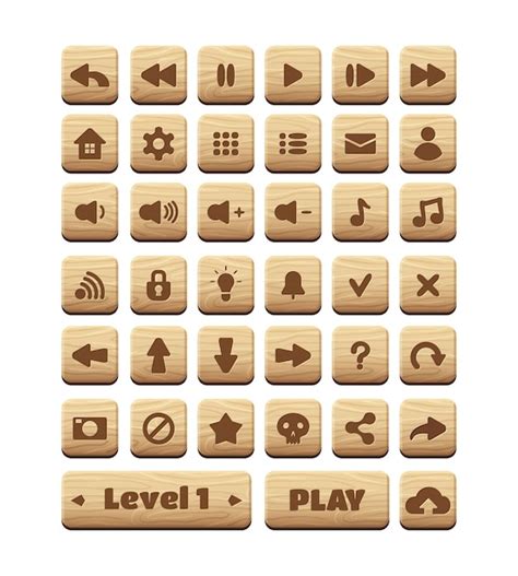 Premium Vector Wooden Buttons Game Ui Asset Icons Vector Illustration