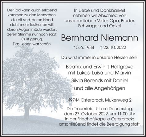 Traueranzeigen Von Bernhard Niemann Noz Trauerportal