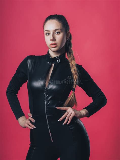 Brunette Girl Posing At The Pink Background Stock Photo Image Of Domina Pink