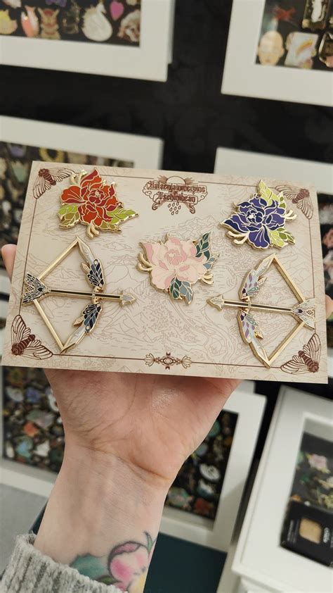 Gorgeous Enamel Pin Set With Wild Peony Flowers And Archers Bow For