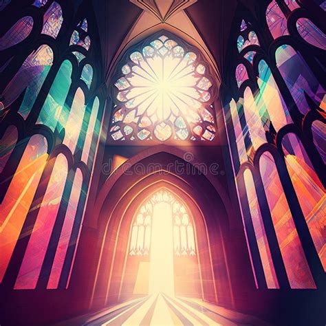 A Large Cathedral With Stained Glass Windows And A Sunbeam Stock Illustration Illustration Of