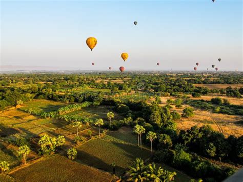 Hot Air Balloons Over Myanmar In The Summer Stock Image Image Of Balloon Monuments