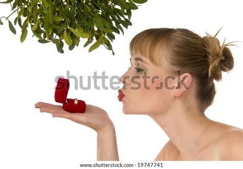 Naked Woman Kissing Ring Under Mistletoe Stock Photo 19747741