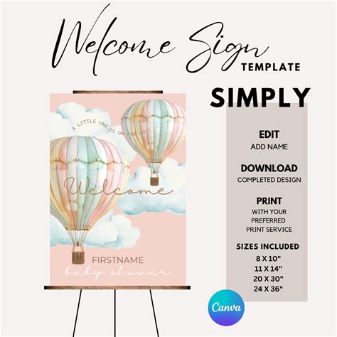 Hot Air Balloon Baby Shower Welcome Sign Editable Template Etsy