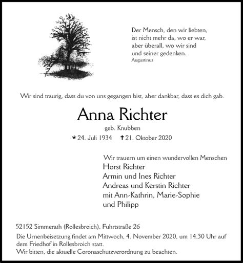 Traueranzeigen Von Anna Richter Aachen Gedenkt