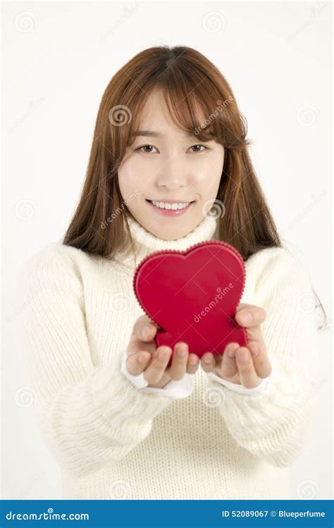 Smiling Young Asian Woman With Red Heart Shape Stock Image Image Of