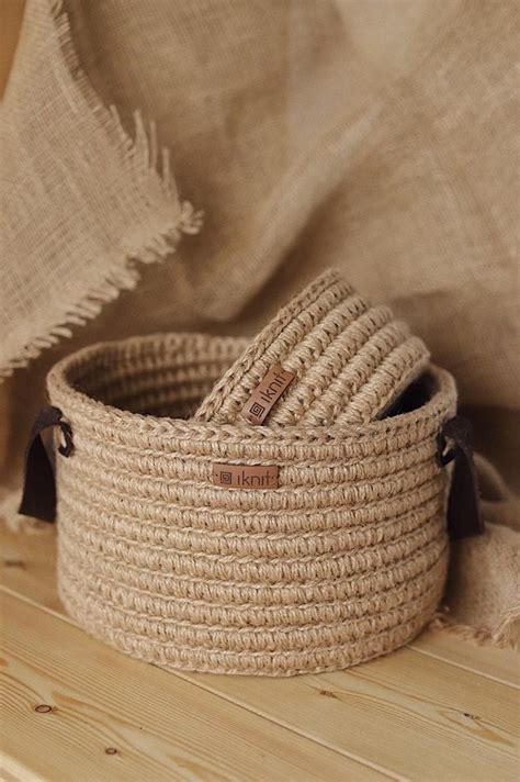 Jute Basket Knitted Storage Baskets Set Of Two Crocheted Etsy Jute