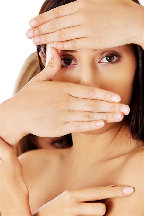 Front View Of Nude Woman Covering Her Face Stock Image Image Of