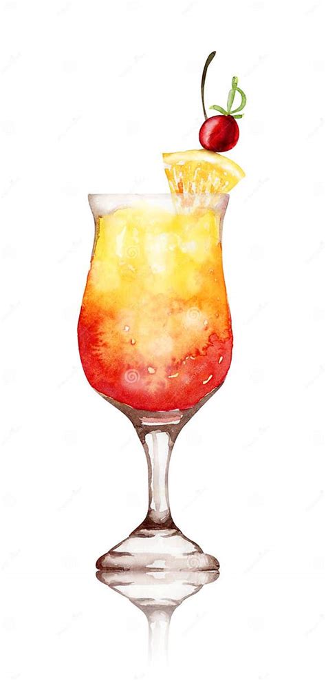 Hand Drawn Watercolor Sex On The Beach Cocktail On White Background Stock Illustration