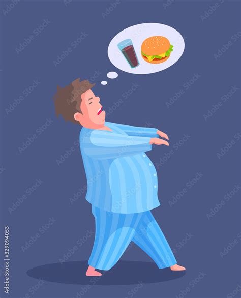 Vecteur Stock Man Sleepwalker In Pajama Dream About Snack And Fizzy