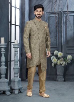 Buy Grey Jacquard Work Indo Western Sherwani Online