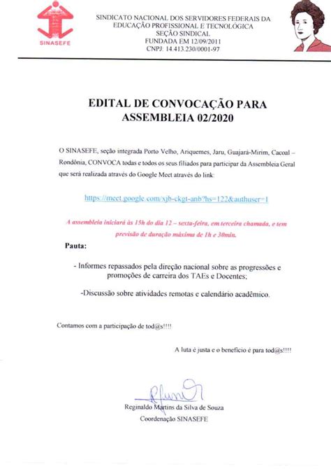 Convoca O Para Assembleia Sinasefepvh