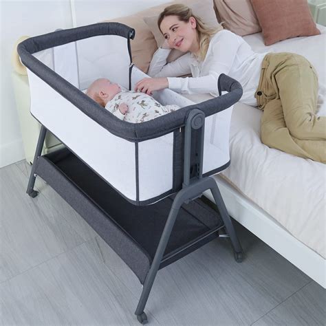 ANGELBLISS Baby Bassinet Bedside Crib with Storage Basket and Wheels, Easy Folding Bed Side ...