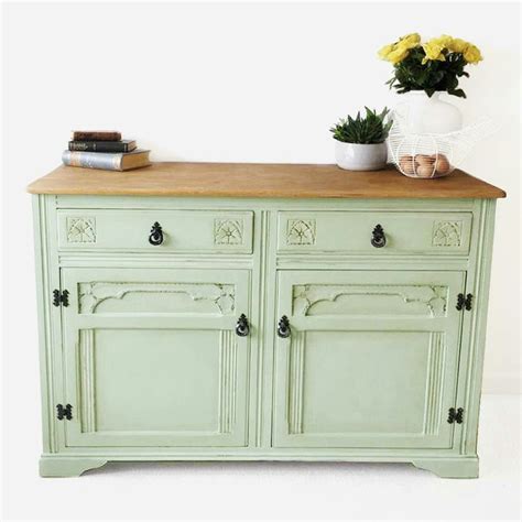 Gorgeously Carved Vintage Sideboard Pastel Green Solid Oak