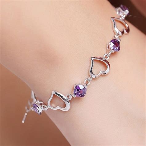 925 Sterling Silver Bracelet Heart Purple Crystal Zircon Bracelet For