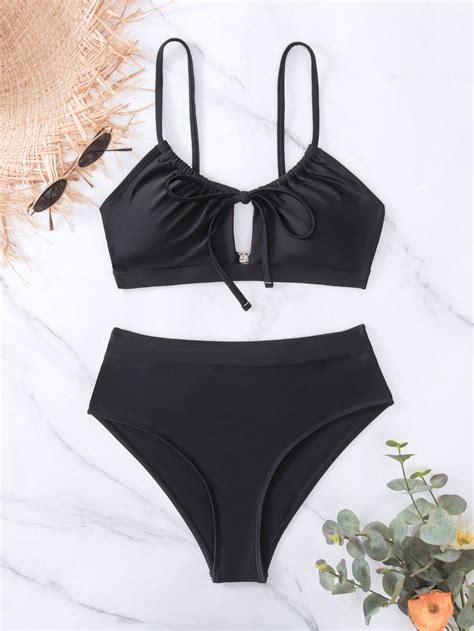 Ensemble de bikini unicolore à nœud soutien gorge Bas taille haute 2