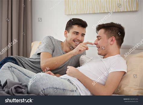 Happy Gay Couple Lying Bed Home Stock Photo Shutterstock