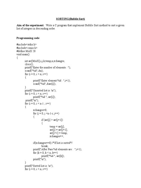 Sorting Bubble Sort Aim Of The Experiment Write A C Program That Implement Bubble Sort Method