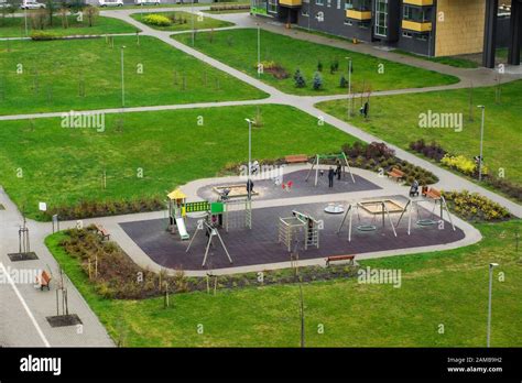 Top View Of The Modern Playground In The Courtyard Of The Residential