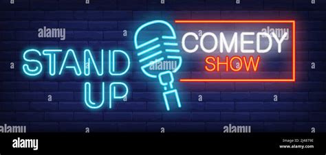 Stand Up Comedy Show Neon Sign Blue Microphone On Brick Wall Night