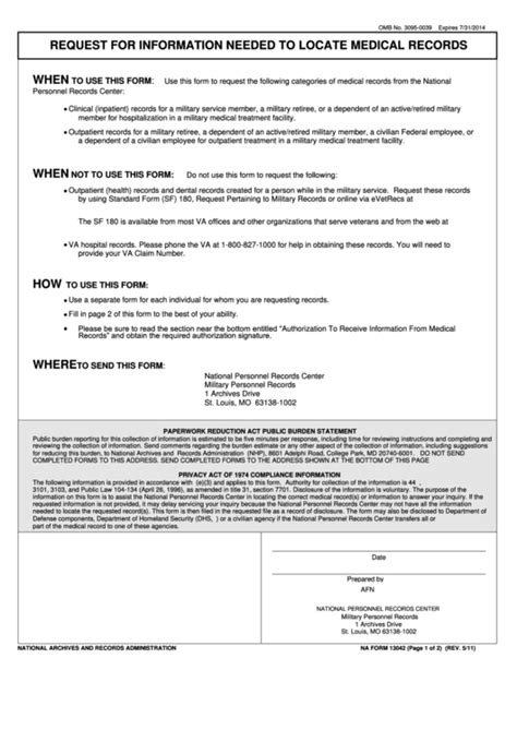 Na Form 13042 Request For Information Needed To Locate Medical