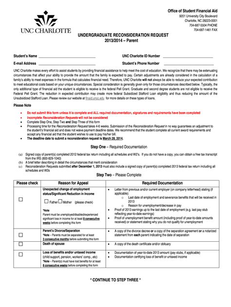 Fillable Online Finaid Uncc Undergraduate Reconsideration Request Fax