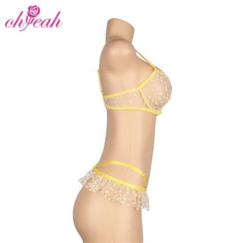 Dropshipping Elegant Floral Sheer Mesh Ruffles Bra And Panties Sexy Lingerie Sets For Women