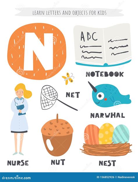 N Letter Objects And Animals Including Nurse Nut Net Notebook Nest