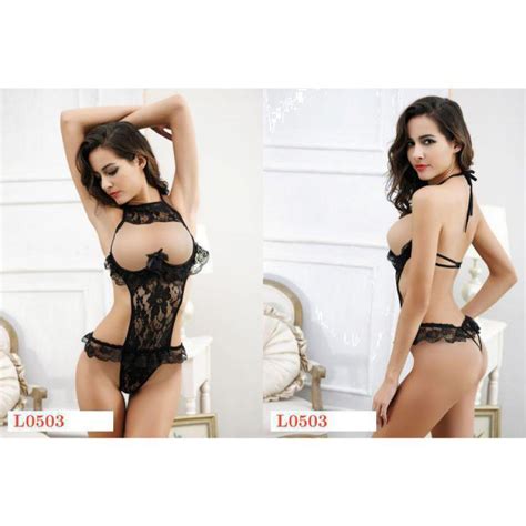 Jual L0503 Lingerie Teddy Halterneck Hitam Transparan Bra Kawat Open